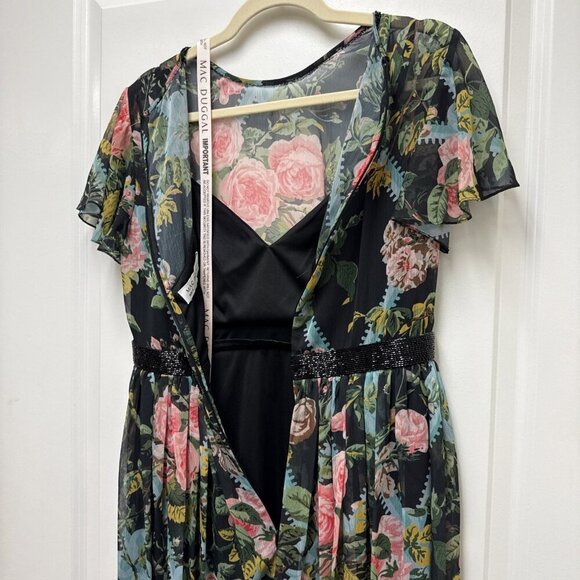 Mac Duggal Size 6 Black Floral 9149 Illusion Cap Sleeve Midi Cocktail Dress New - Picture 9 of 11